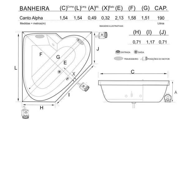 Banheira de Hidromassagem Canto Alpha Dupla 1,54x1,54x0,49 Acrilico-Padrão - 3