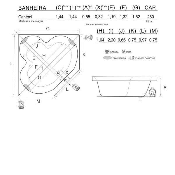 Banheira de Hidromassagem Cantoni Dupla 1,44x1,44x0,55 Acrilico-Completa - 3