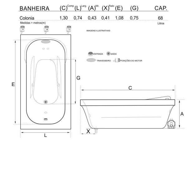 Banheira de Hidromassagem Colonia Individual 1,30x0,74x0,43 Acrilico-Completa - 3