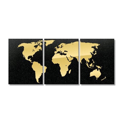 Quadro Mapa Mundi Tradicional Ouro Em 3 Partes