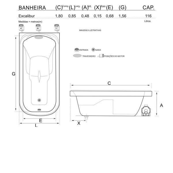 Banheira de Hidromassagem Excalibur Individual 1,80x0,85x0,48 Acrilico-Completa - 3