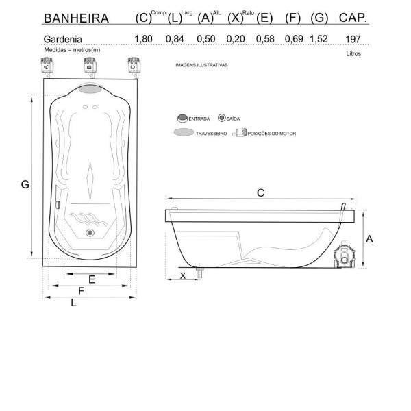 Banheira de Hidromassagem Gardenia Individual 1,80x0,84x0,50 Acrilico-Completa - 3