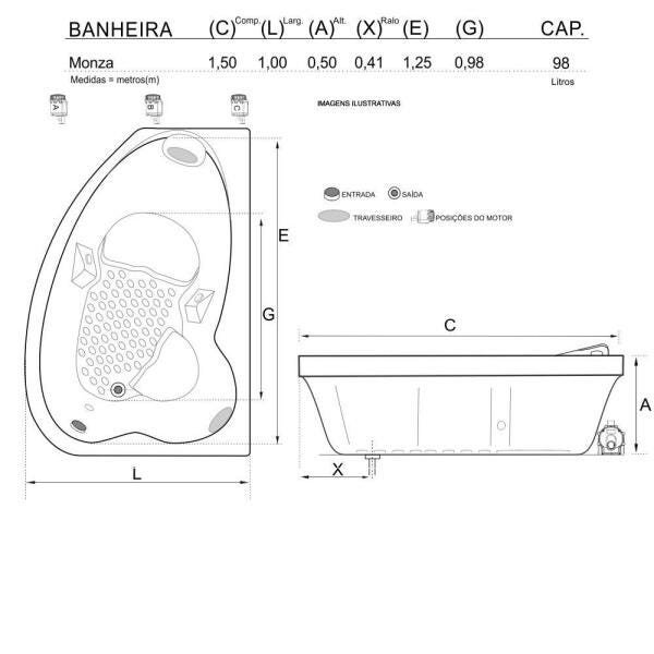 Banheira de Hidromassagem Monza Individual 1,50x1,00x0,50 Acrilico-Padrão - 3