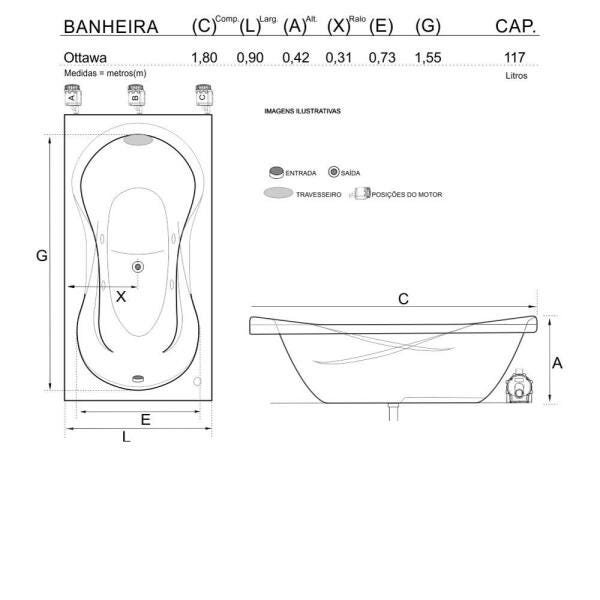 Banheira de Hidromassagem Ottawa Individual 1,80x0,90x0,42 Acrilico-Completa - 8