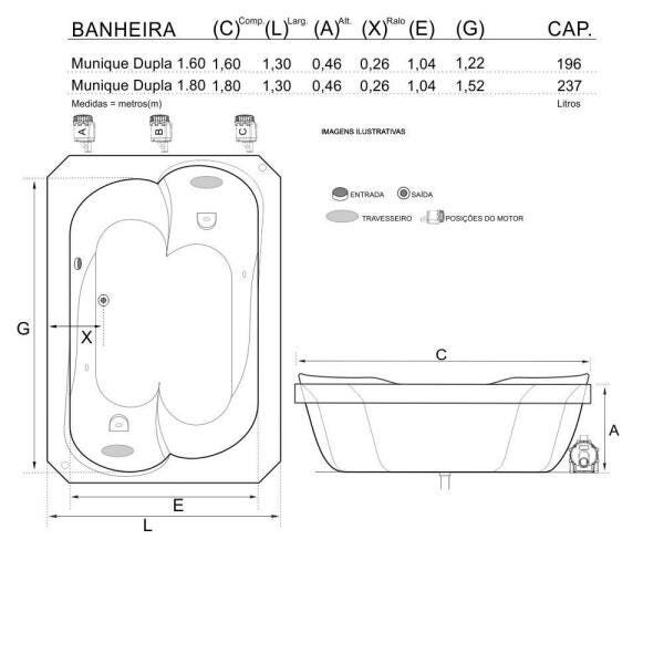 Banheira de Hidromassagem Munique Dupla 1,80x1,30x0,46 Acrilico-Padrão - 2