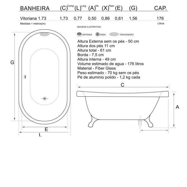 Vitoriana Individual 1,73x0,77x0,50 Acrilico Sem Hidromassagem - 1