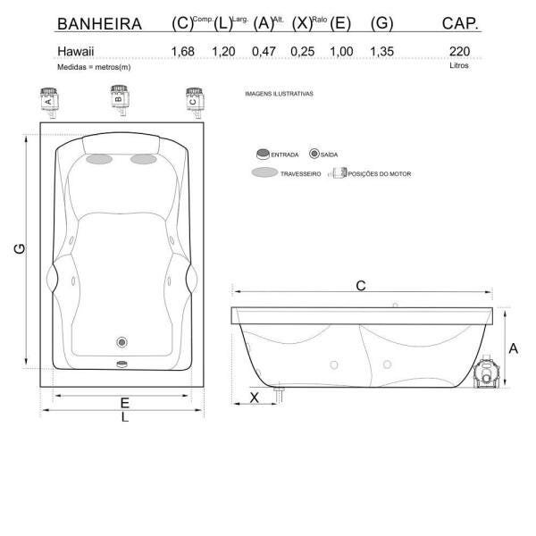 Banheira de Hidromassagem Hawaii Dupla 1,68x1,20x0,47 Acrilico-Completa - 3
