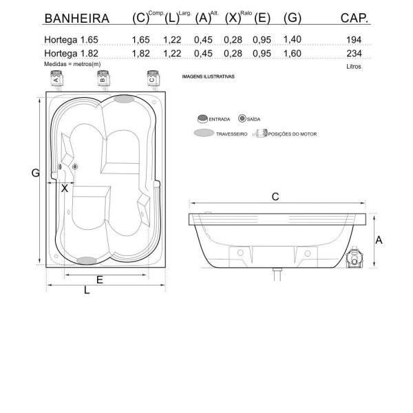 Banheira de Hidromassagem Hortega Dupla 1,82x1,22x0,45 Acrilico-Completa - 11