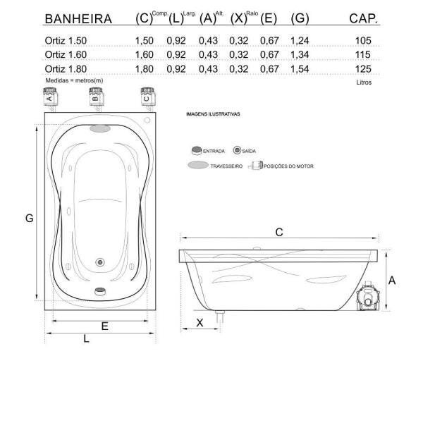 Banheira de Hidromassagem Ortiz Individual 1,60x0,92x0,43 Acrilico-Completa - 2