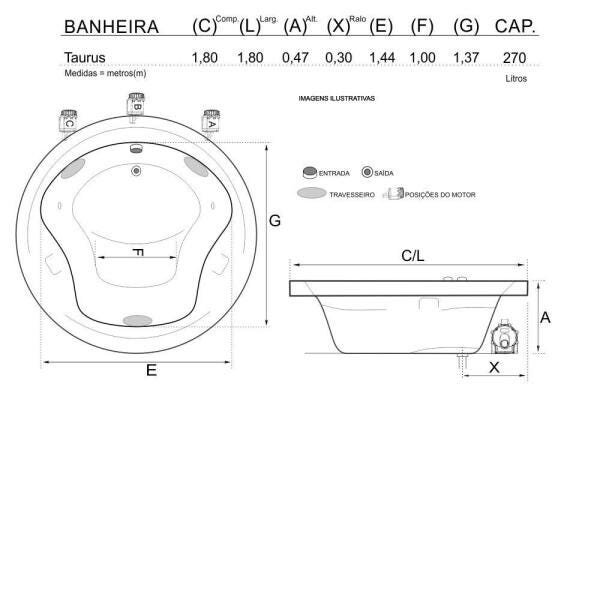 Banheira de Hidromassagem Taurus Dupla 1,80x1,80x0,47 Acrilico-Padrão - 3