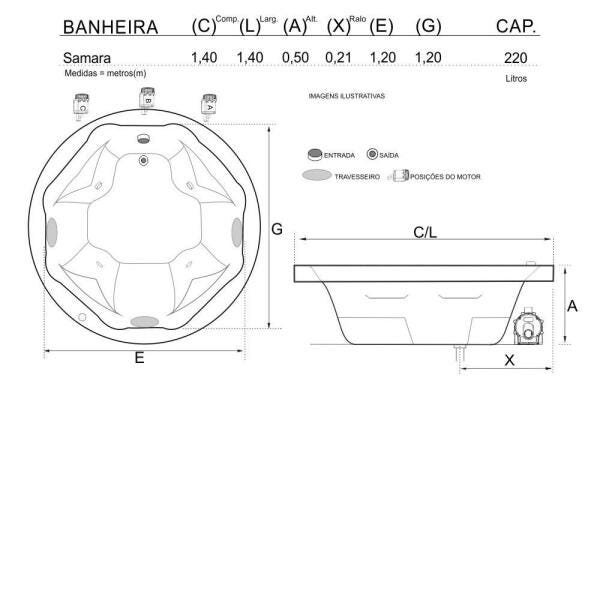 Banheira de Hidromassagem Samara Dupla 1,40x1,40x0,50 Acrilico-Completa - 3
