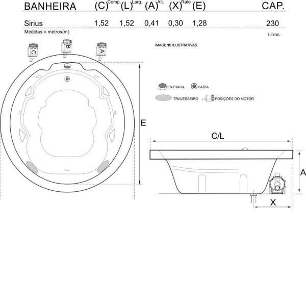 Banheira de Hidromassagem Sirius Dupla 1,52x1,52x0,41 Acrilico-Padrão - 2