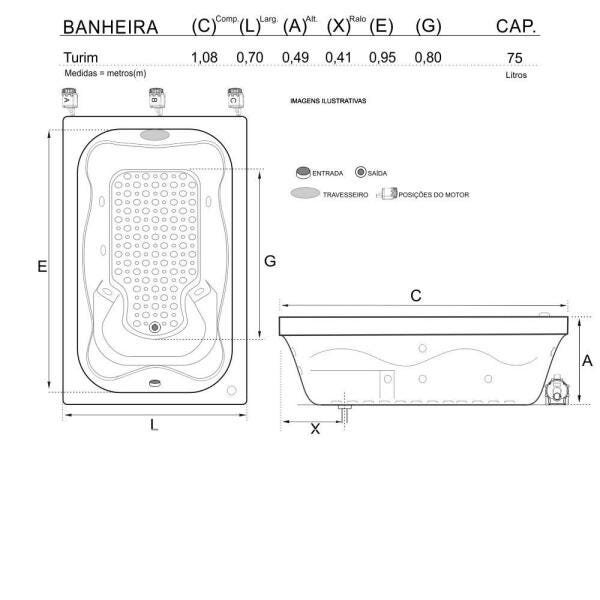 Banheira de Hidromassagem Turim Individual 1,08x0,70x0,49 Acrilico-Completa - 3