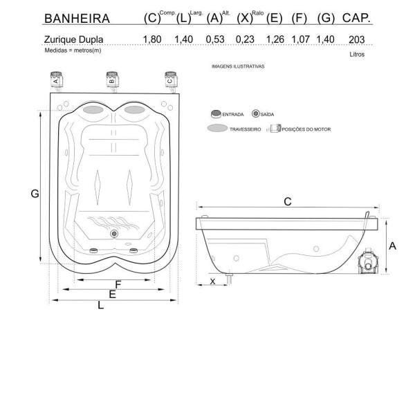 Banheira de Hidromassagem Zurique Dupla 1,80x1,40x0,53 Acrilico-Padrão - 3
