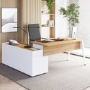 Ver imagem 1 de Mesa L Diretor com Armário Lateral 3 Gavetas 180cm Industrial Tampo Chanfrado Pés em Metal Executive