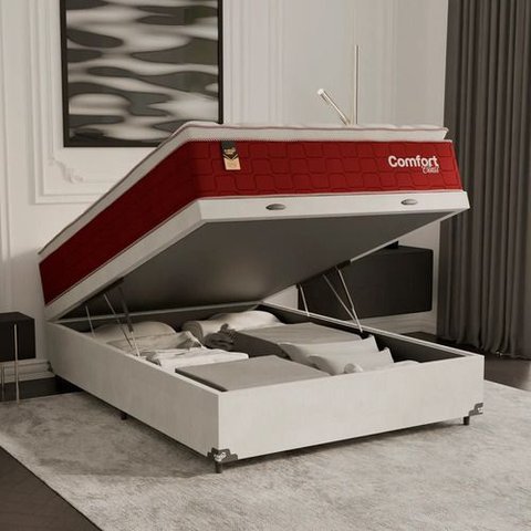 Cama Box Baú Viúva + Colchão Comfort Class Pillow Top Vinho/suede Branco