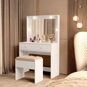 Penteadeira Livia com 2 Gavetas Luz de Led e Banqueta Branco