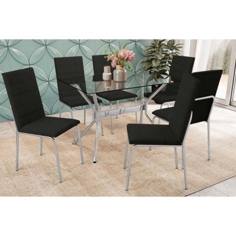 Conjunto: Mesa de Cozinha Loire C/ Tampo de Vidro 120x80cm e 6 Cadeiras Amsterdã Cromada - Courano