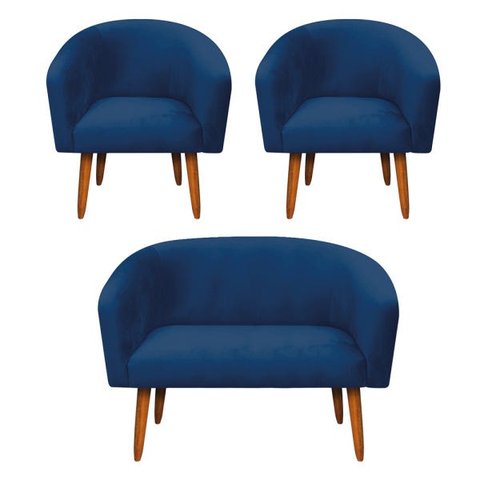 Kit 01 Namoradeira E 02 Poltronas Stella Suede Azul Marinho Pés Palito Castanho D’Rossi