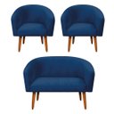 Ver imagem 1 de Kit 01 Namoradeira E 02 Poltronas Stella Suede Azul Marinho Pés Palito Castanho D’Rossi
