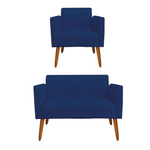 Kit 01 Namoradeira e 01 Poltrona Marisa Suede Azul Marinho Pés Palito Castanho D’Rossi