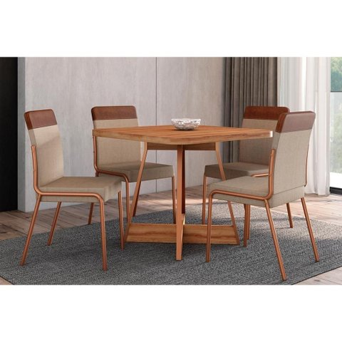 Conjunto: Mesa Sala Jantar Átria 1593 Aço C/ Tampo Madeirado 90x90cm e 4 Cadeiras Duo Rose/freij