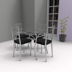 Conjunto de Mesa Tampo Vidro Lion com 4 Cadeiras Aço Juliana Yescasa