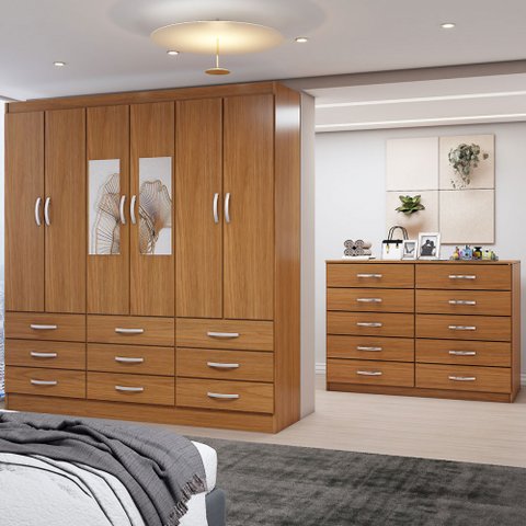 Guarda-roupa Casal Ava 6 Portas 9 Gavetas e Espelho com Cômoda 10 Gavetas Cinamomo - Panorama Móveis