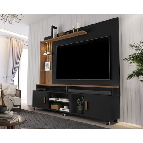 Estante Home para Tv até 65 Polegadas Ripado com Led e Rodízios Preto Canela Ocean Carmolar