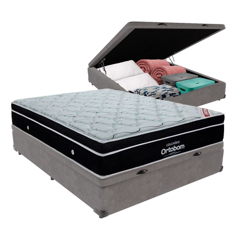 Cama Box Baú Casal Cinza e Colchão Elegant Superpocket Molas Ensacadas Ortobom