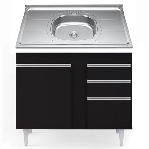 Balcão Gabinete com Pia Inox 100cm 2 Portas 2 Gavetas Luziania Preto - Lumil