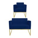Ver imagem 1 de Kit 01 Namoradeira e 01 Poltrona Marisa Suede Azul Marinho Base Industrial Metálica Dourado D'