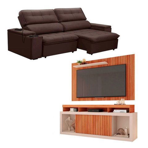 Kit Sofá Ferguile Genebra 3 Lugares Retrátil com Usb e Rack Painel Tv 65 New Oscar Caemmun