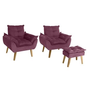 Kit 02 Poltrona/cadeira Decorativa e Puff Glamour Opala com Pés Quadrado Vinho