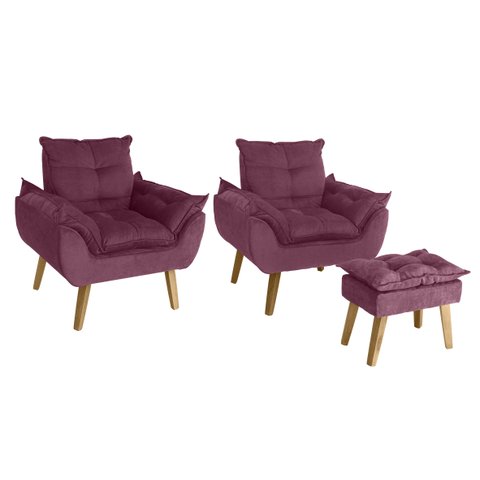 Kit 02 Poltrona/cadeira Decorativa e Puff Glamour Opala com Pés Quadrado Vinho