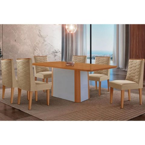 Conjunto: Mesa Sala Jantar Pietá Tampo Curvo 180cm+6 Cadeiras Dafne Madeira Naturale/off White -