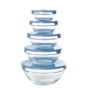 Conjunto 5 Potes Tigela Vidro Tampa Azul Class Home