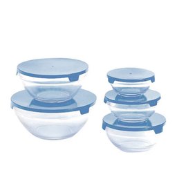 Conjunto 5 Potes Tigela Vidro Tampa Azul Class Home - 2