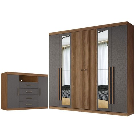 Guarda Roupa Casal Ripado 6 Portas Buriti com Espelho e Cômoda Havana Master Jatobá Grafite