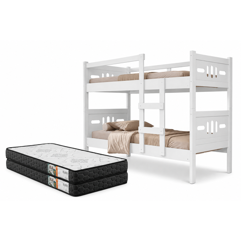 Beliche MDF Esmeralda com 2 Colchões D33 Solteiro Proteção Lateral e Escada Central Transforma em 2