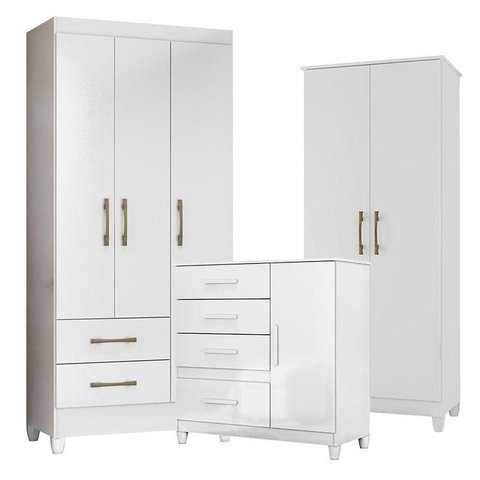 Guarda Roupa Infantil Lima com Cômoda Vênus com Pés e Armário Multiuso Jade Branco Brilho –