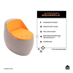 Vaso Sanitário Monobloco Caixa Acoplada Privada Aquarela Pingoo.casa - Cinza e Laranja - 2