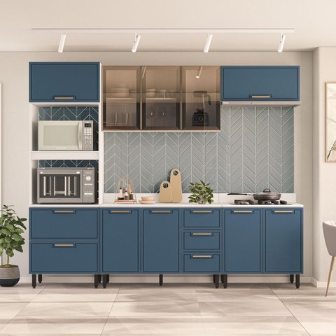 Cozinha Amara Armários Aéreos Porta Vidro Torre Quente Balcões com Tampo Branco/Azul 250783