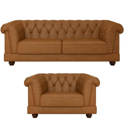 Conjunto Chesterfield Sofá 2 Lugares e Poltrona Helena em Tecido Sintético com Captonê
