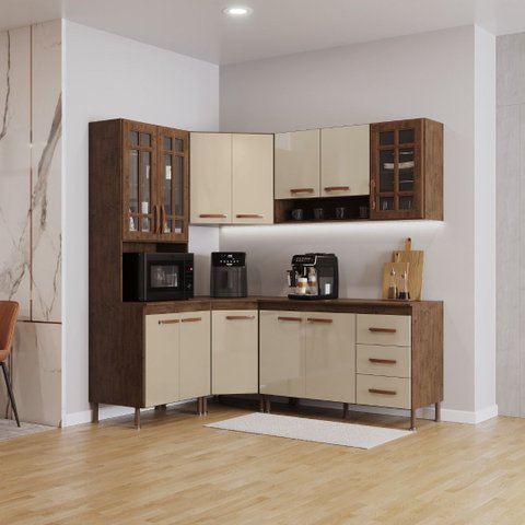 Cozinha Modulada Completa Fidelitá Lisboa 5 Peças 340cm 12 Portas 3 Gavetas com Tampo
