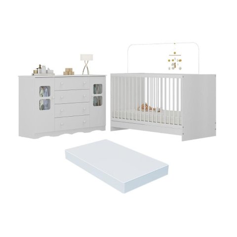 Berço 3 em 1 com Colchão Incluso e Cômoda 2 Portas 4 Gavetas Serena Multimóveis Mp4757 Branco
