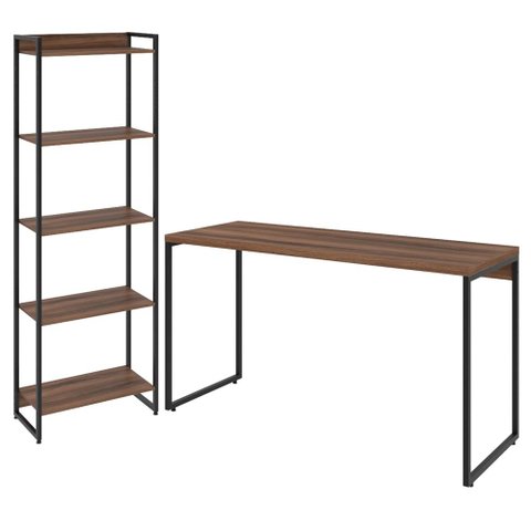 Kit Escritório Estante Areta 5 Prateleiras com Mesa Industrial Aspen 135cm C01 Nogal - Lyam Decor