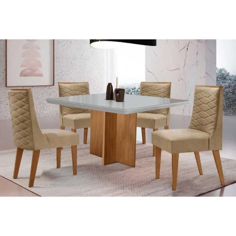Conjunto: Mesa Sala Jantar Berlim Curvo 90cm + 4 Cadeiras Dafne Naturale/off White - Linho Bege -