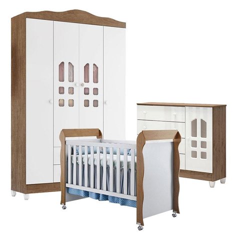 Quarto de Bebê New Selena 4 Portas com Cômoda Selena e Berço Mirelle Branco Acetinado Amadeirado – C