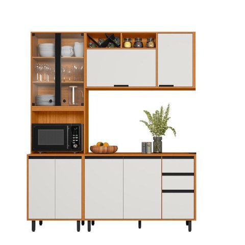 Armário de Cozinha Ravena Modulada C/ Paneleiro Duplo Vidro com Led - Freijó Uv/off Acetindo Poliman